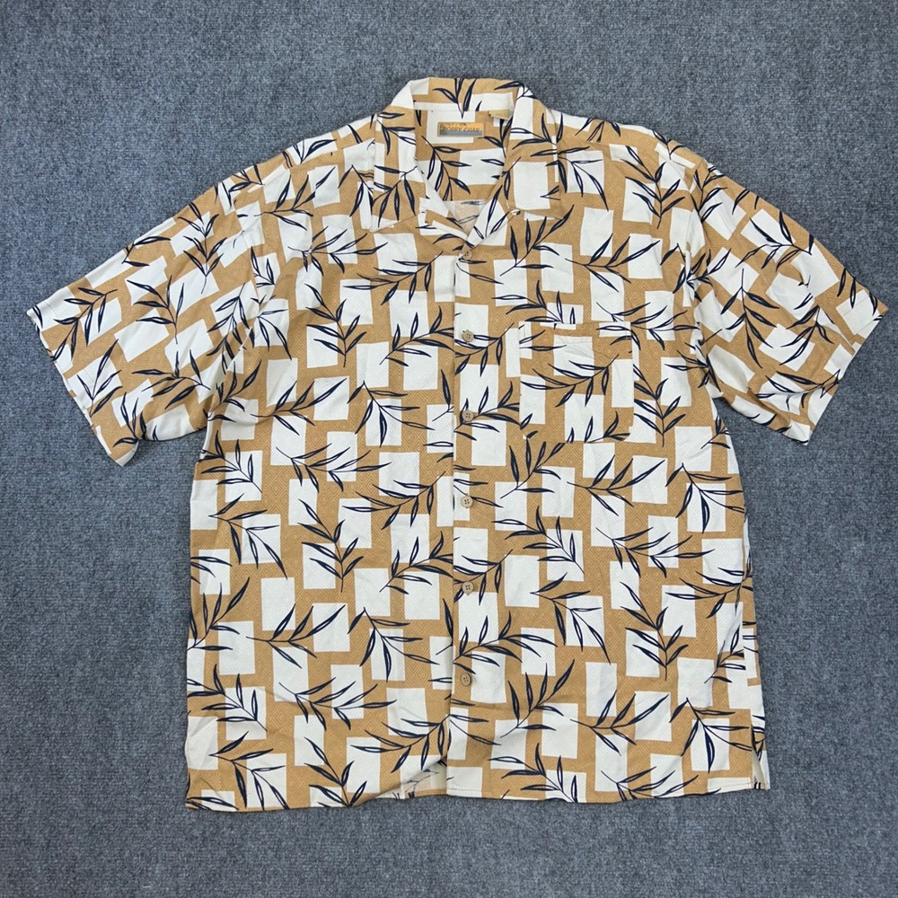 Bobby Chan Mens XXL Silk Button Down Shirt Tan White Navy Leaf Short Sleeve